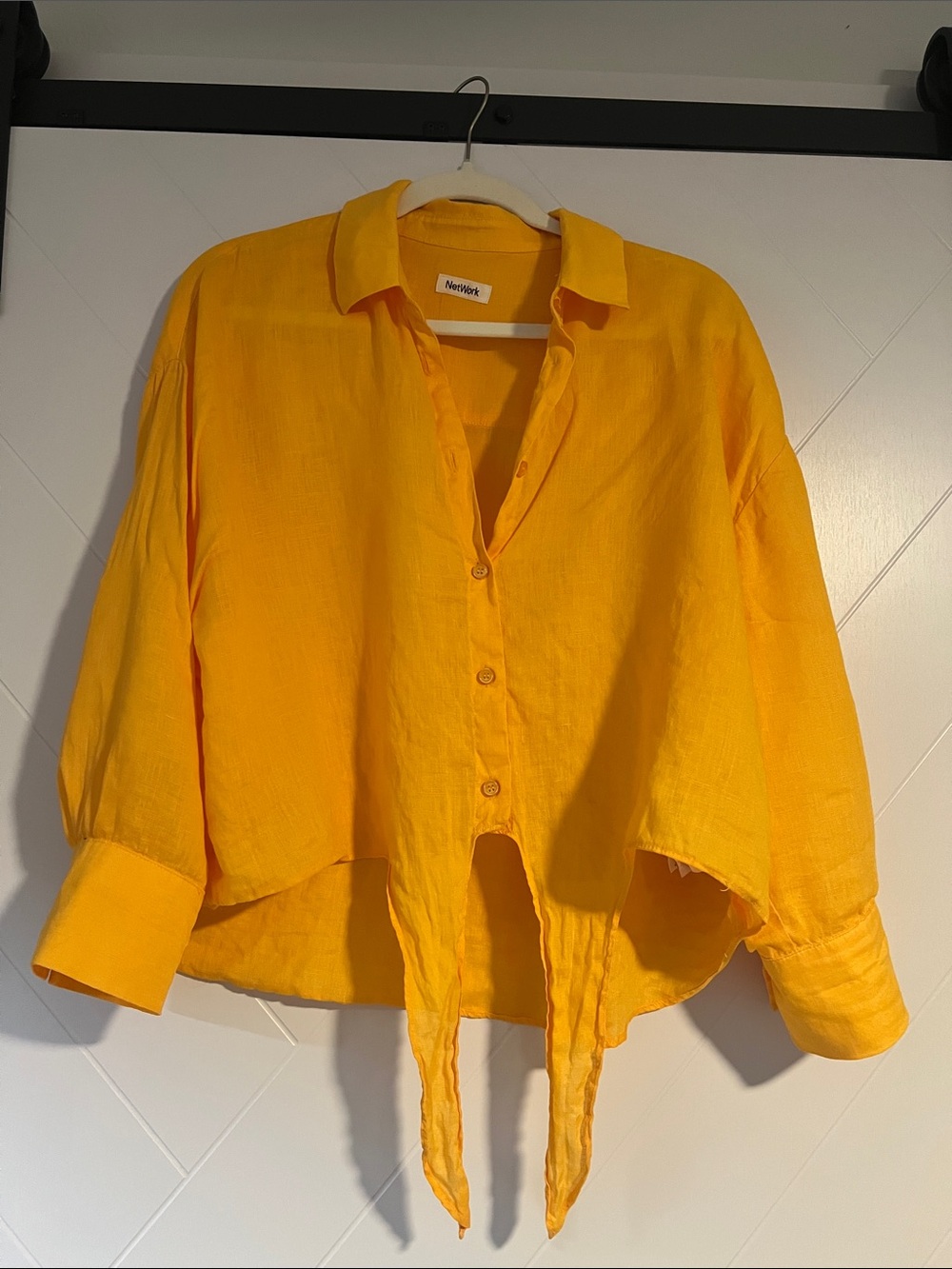 100% Linen - Network Yellow Tie-Front Button-Down Linen Shirt